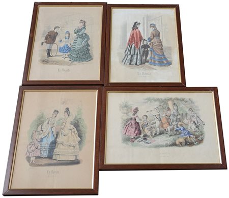 Gruppo di quattro incisioni colorate a mano all'epoca con soggetto "La...