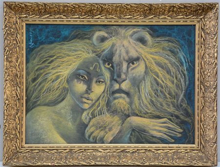 Ignoto "Donna e leone" tecnica mista su cartoncino (cm 50x70) reca firma...