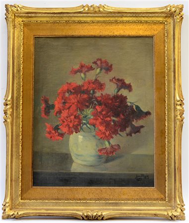 Firma indecifrata "Garofani in un vaso" olio su tela. Firmato in basso a...