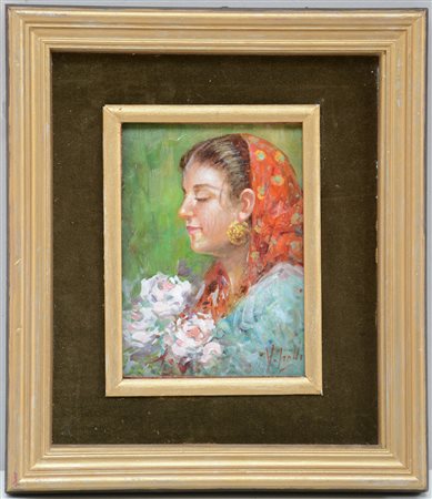 Ignoto, "Ritratto di ragazza", olio su tavola (cm 21x16) firmato in basso a...