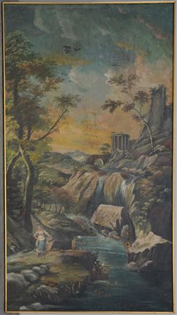Dipinto ad olio raffigurante paesaggio fluviale con rovine (cm 200x110)...