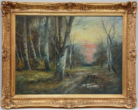 Ignoto "Sentiero nel,bosco" olio su tela (cm 74x100) reca firma Balint R. In...