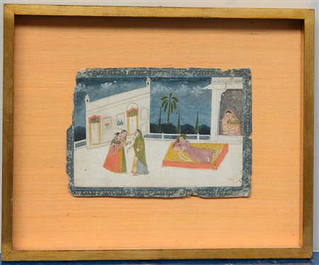 Dipinto raffogurante cortigiane in scena di palazzo, colore su carta (cm...