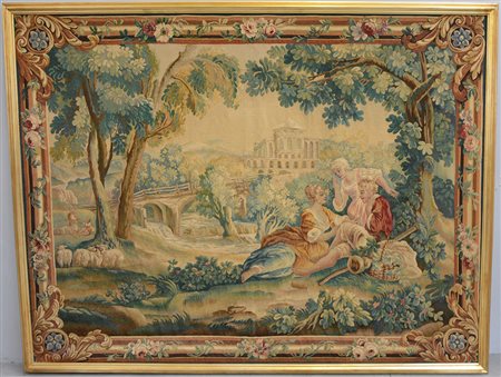 Arazzo Aubusson, Francia secolo XX. Tessuto a mano in lana e seta. Decoro con...