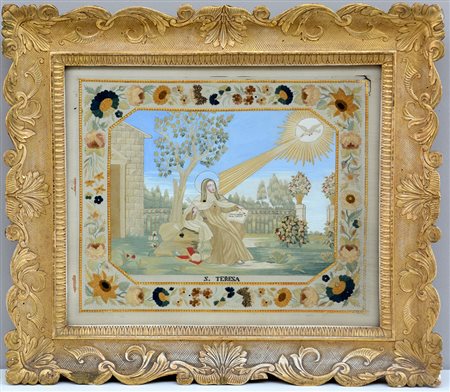 Arte del secolo XIX "Santa Teresa" Seta ricamata (cm 44x50) in cornice...
