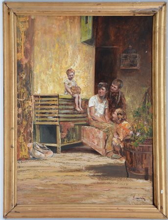 Ignoto "Interno con figure" olio su compensato (cm 100x70) reca firma Banchi...