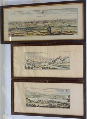 Lotto di tre incisioni (una 300x785 mm; due 215x520 mm) da Merian Matthaeus...