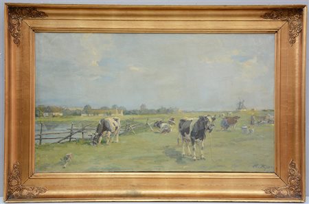 Firma indecifrata "Mucche al pascolo" olio su tela (cm 57x97) firmato in...