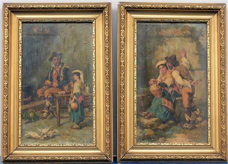 Scuola napoletana, coppia di olii su tavola raffiguranti scene popolari (cm...