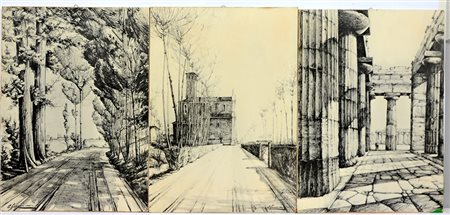 Lotto di tre pannelli rattangolari raffiguranti paesaggi (cm 60x44)