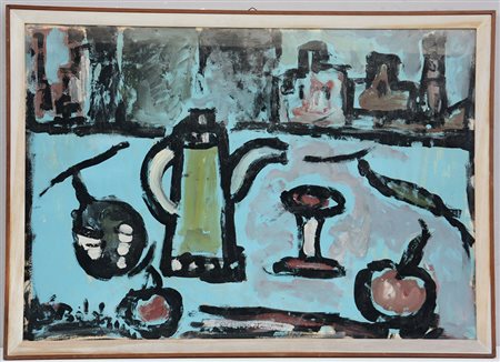 Ignoto "Caffettiera e frutta" tecnica mista su cartoncino (cm 68x98) recante...