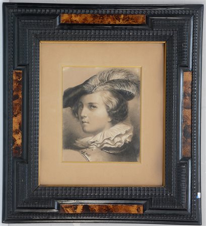 Ignoto "Ragazzo con cappello piumato" disegno a matita e biacca (cm 30x25) in...
