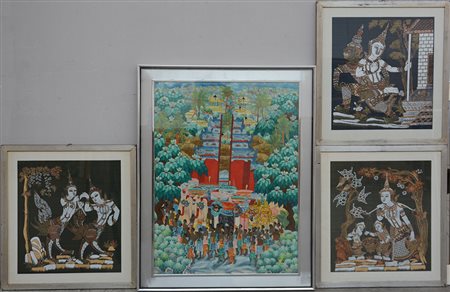 Lotto composto da quattro dipinti balinesi, misure diverse, in cornici (difetti)