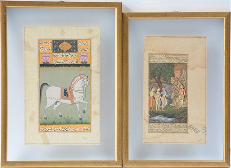 Lotto di due antiche miniature indiane raffiguranti figure e cavallo, misure...