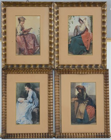 Scuola del sec XIX. "Figure in costume" lotto di quattro acquarelli di misure...