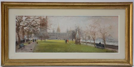 Firma indecifrata, "London, Victoria Tower Gardens", olio su masonite (cm...