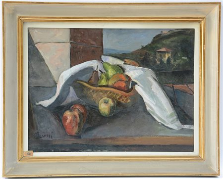 Gajoni Adriano (Milano 1913- 1965)"Canestra di frutta sul davanzale" olio su...