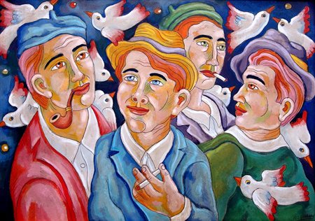 Roberto Sguanci 1948, Firenze (Fi) - [Italia] Gli amici olio su cartone 50x70...