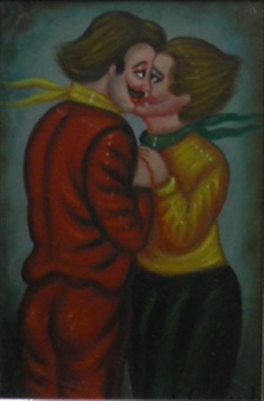 LOMBARDO SALVO Favara 1948 THE KISS OLIO SU TELA cm 20 x 30 Firma in basso a...