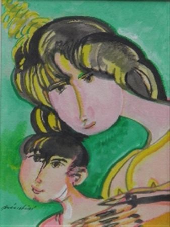 BRINDISI REMO ROMA 1918 LIDO DI SPINA 1996 MATERNITA TEMPERA SU CARTA cm 37 x...