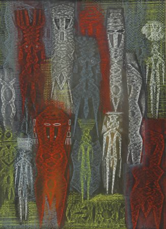 CORRADO CAGLI (1910-1976) Totem 1954 olio su tavola cm 66x47,5 firmato sul...