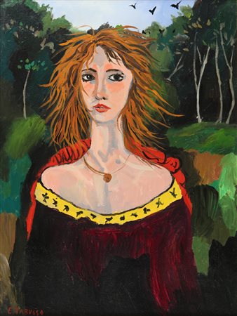 FRANCESCO TABUSSO (1930-) Ragazza in paesaggio montano olio su tela cm 60x80...