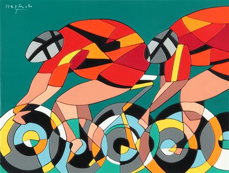 UGO NESPOLO (1941-) Ciclisti acrilico su legno cm. 30x40 f.to in alto a...