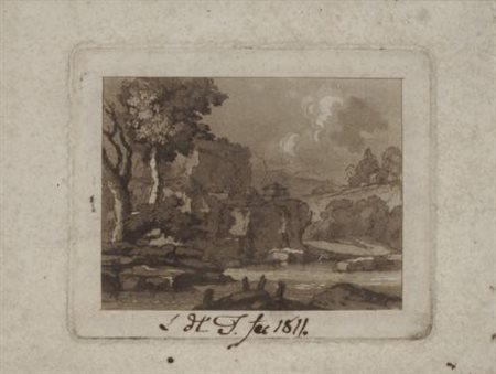 H.I PAESAGGIO, 1811 Acquatinta stampata in seppia, cm. 13,5x19 Monogramma e...