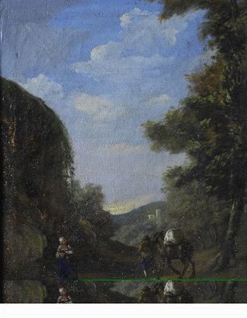 Scuola Romana, XIX sec. PAESAGGIO CON VIANDANTI Olio su tela, cm. 39,5X30