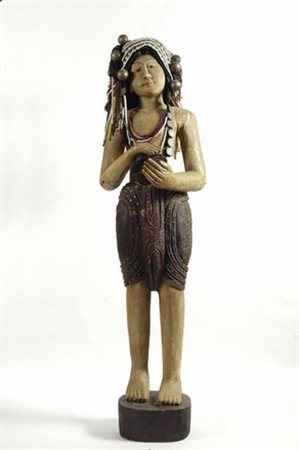 Figura di musico Scultura in legno intagliato e dipinto, Tailandia, prima...