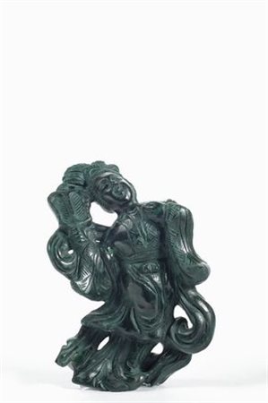 Dama In giada verde intagliata, Cina, XIX sec, cm. h. 12.