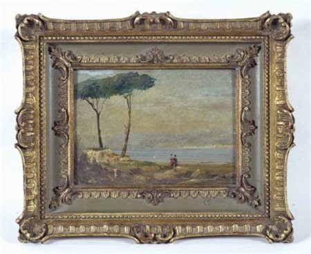 Anonimo, inizio XX sec. PAESAGGIO CON FIGURE Olio su cartone, cm. 13x18