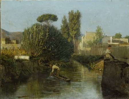 Attr. a Marco De Gregorio PESCA NEL CANALE Olio su tela, cm. 26x33,7