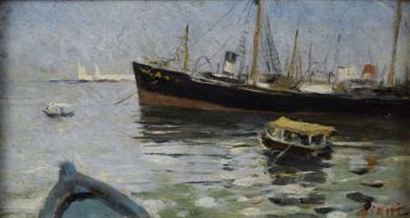Cesare Ciani (Firenze, 1854 - 1925) BARCHE NEL PORTO DI LIVORNO Olio su...