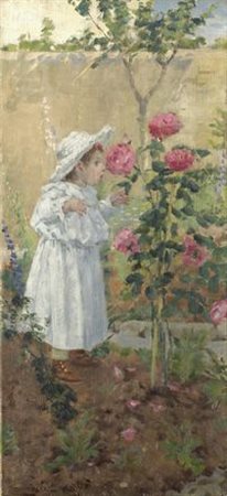 Niccolò Cannicci (Firenze, 1846 - 1906) BIMBA TRA LE ROSE, 1891 Olio su tela,...