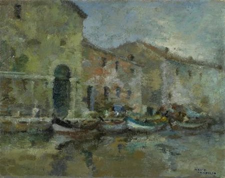 Seve Sospizio (Perugia, 1908 - Senigallia, 1962) BARCHE NEL CANALE, 1948 Olio...