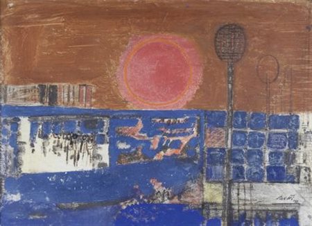 Bruno Saetti (Bologna, 1902 - 1984) PAESAGGIO CON SOLE, 1972 Affresco su...