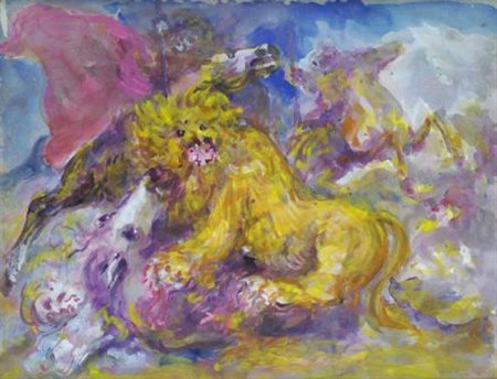 Aligi Sassu (Milano, 1912 - 2000) CACCIA AL LEONE, 1986 Tempera su carta...