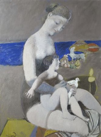 Lino Dinetto (Este (PD), 1927) MATERNITÀ Olio su tela, cm. 80X60 Firma in...