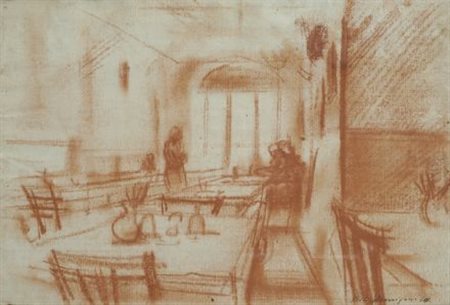Pietro Annigoni (Milano, 1910 - Firenze, 1988) INTERNO DI OSTERIA Sanguigna...