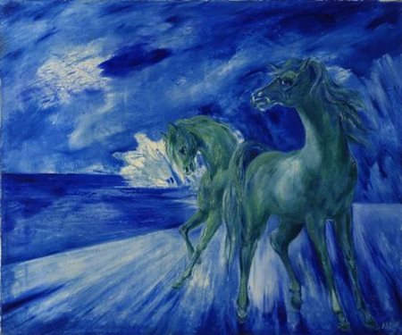 Aligi Sassu (MILANO, 1912 - 2000) Le verdi cavalle di Abderos, 1965 Olio su...