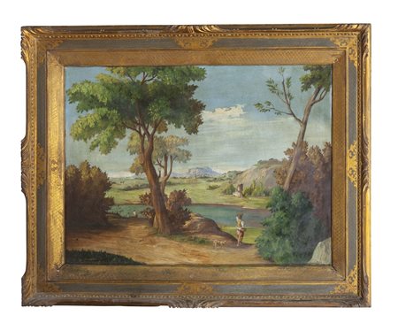 ZUCCHELLO PIERRE XIX - XX secolo "Paesaggio con figure" 70x100 olio su tela...
