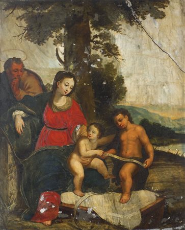 PITTORE ANONIMO "Sacra Famiglia e San Giovannino" 39x32,5 olio su marmo
