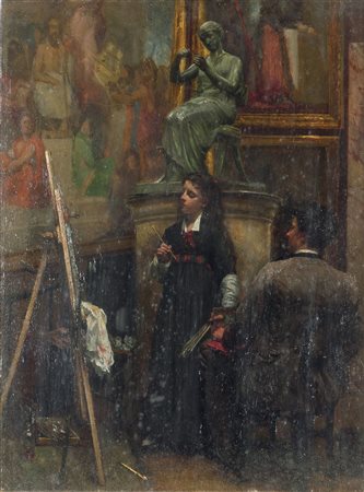 NANI NAPOLEONE Venezia 1839 - Roma 1899 "Lezioni di pittura" 35x26 olio su...