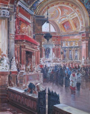 GRAVINA ANTONIO Napoli "In cattedrale" 50x40 olio su cartone telato Opera...