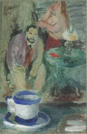 DA MILANO GIULIO F 1895 - 1990 Torino "Interno con pittore, modella e tazza...