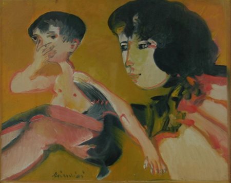 BRINDISI REMO Roma 1918 - 1996 Milano "Maternità" 30x40 olio su tela Opera...