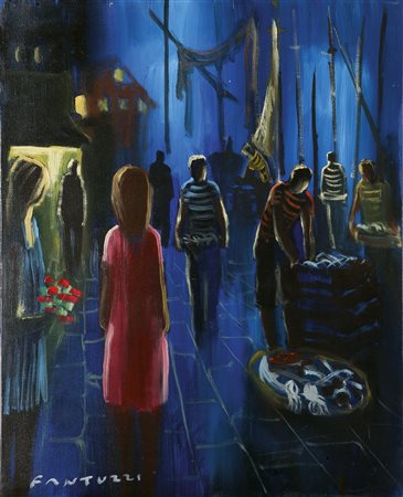 FANTUZZI ELIANO Verona 1909 - 1987 "Mercatino" 50x40 olio su tela Opera...