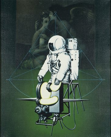 SARRI SERGIO Torino 1938 "Studio per giardini meccanici" 1981 54x65 olio su...