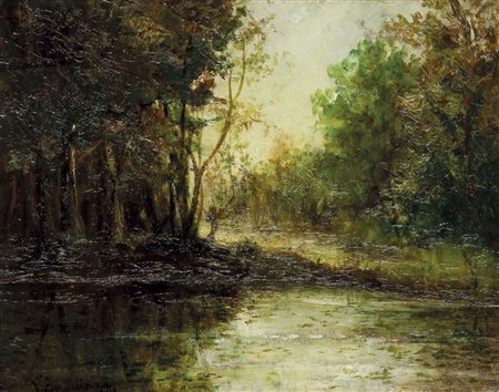 BUSSOLINO VITTORIO Torino 1853 - 1922 "In riva allo stagno" 1913 40x49 olio...